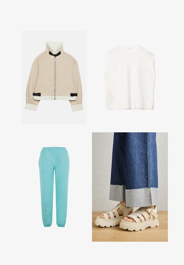 Vadderad beige jacka med en mjuk, vit fleecekrage och manschetter, med en framsida med dragkedja och svarta spännen. Två framfickor ingår.; Vit ärmlös topp med avslappnad passform, rund halsringning, slät textur och rak nederkant. Enkelt mönster utan dekorationer eller beslag.; Turkosa joggers tillverkade av mjukt tyg, med elastisk midja, elastiska muddar och dekorativa fjärilspynt.; Beiga plattformssandaletter med tjocka sulor har en remdesign och justerbara ankelremmar. Bärs med vida jeansbyxor, där ena fållen är trasig.