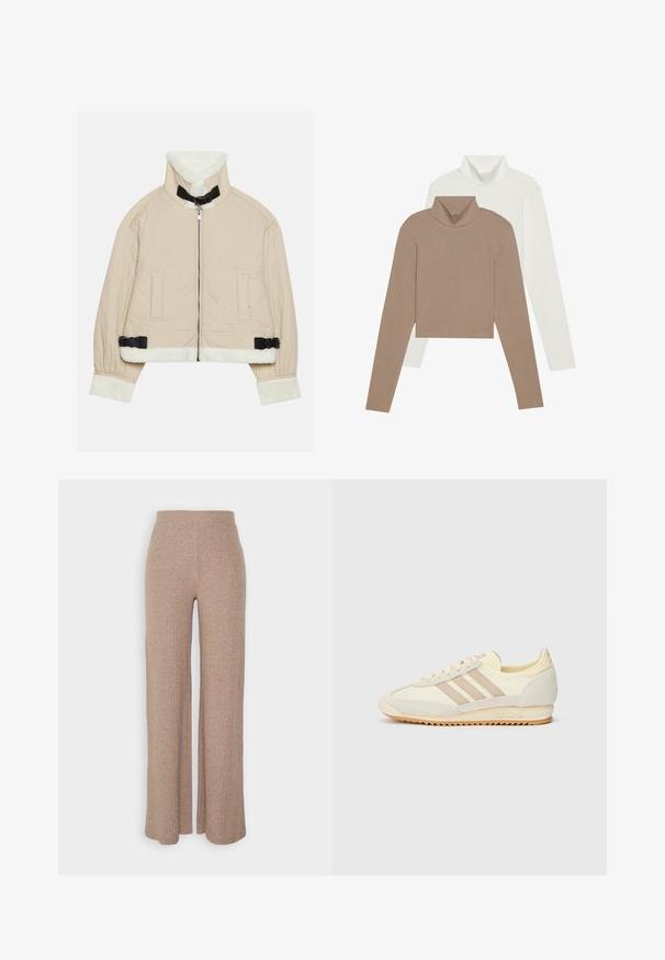 Jachetă bej matlasată cu un guler și manșete din fleece alb moale, prevăzută cu un fermoar frontal și accente negre cu cataramă. Include două buzunare frontale.; Două pulovere cu guler înalt: unul într-o nuanță moale de maro cu o textură în dungi, iar celălalt într-o nuanță albă netedă. Ambele au mâneci lungi și un design scurt.; Pantaloni bej cu ochiuri largi, cu talie înaltă și o textură moale, având o croială lejeră și fără închideri vizibile.; Adidași atletici crem cu trei dungi bej, realizati din materiale din suede și textil, cu o talpă texturată și un logo embosat pe toc.