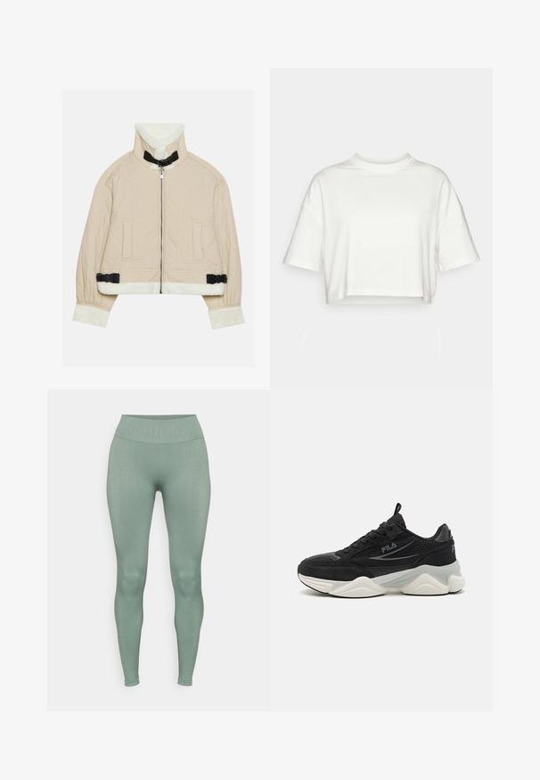 Steppelt bézs kabát puha, fehér bolyhos gallérral és mandzsettákkal, elülső zipzárral és fekete csatt díszítéssel. Két elülső zseb található.; Rövid ujjú, fehér pamut póló, ami derékszögben van levágva. Kerek nyakkivágással és kényelmes, elnyújtott aljjal rendelkezik. Puha tapintású, minta nélküli.; Formálisan illeszkedő, elasztikus leggings egy tompa zöld színben, textúrázott, magas derékpánttal. Simaság jellemzi, látható minták vagy díszítések nélkül.; Fekete sportcipők hálós és velúr anyagból, vastag talppal, kerek formával, diszkrét szürke részletekkel és logóval az oldalon.