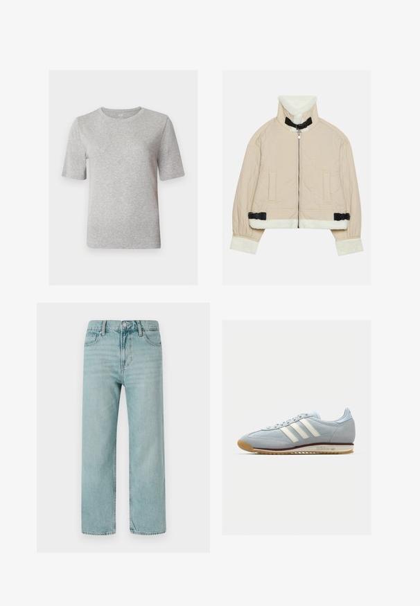 Gepatchte beige Jacke mit einem weichen, weißen Fleecekragen und -bündchen, ausgestattet mit einem Frontreißverschluss und schwarzen Schnallenakzenten. Zwei Fronttaschen sind enthalten.; Graues T-Shirt mit kurzen Ärmeln aus weichem Material. Hat einen Rundhalsausschnitt und eine lässige Passform. Schlichtes Design ohne Muster oder Akzente.; Hellblaue weit geschnittene Jeans aus Denim, mit einem klassischen Fünf-Taschen-Design, klaren Linien und einem regulären Bund mit Knopfverschluss.; Hellblaue Wildledersneaker mit weißen drei Streifen, Gummisohle und strukturiertem Mesh. Verfügt über eine glatte Zehenkappe und Branding an der Ferse.