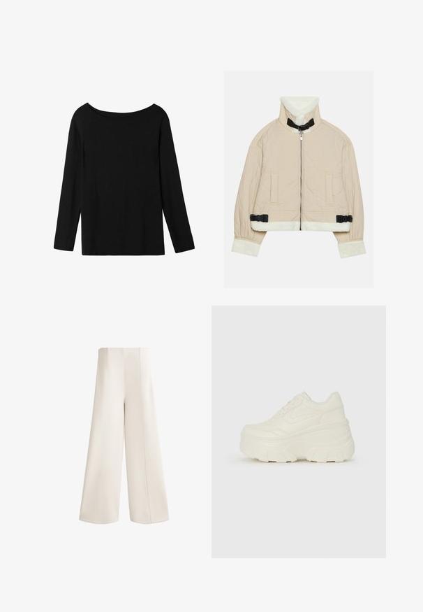 Gepatchte beige Jacke mit einem weichen, weißen Fleecekragen und -bündchen, ausgestattet mit einem Frontreißverschluss und schwarzen Schnallenakzenten. Zwei Fronttaschen sind enthalten.; Schwarzes Langarmoberteil mit einem schulterfreien Ausschnitt, aus weichem Baumwollgewebe, mit lockerer Passform und geradem Saum.; Weite Hosen aus einem sanften Creme-Stoff. Mit hoher Taille, geradem Schnitt und auffälliger Naht entlang der Nähte. Keine sichtbaren Taschen.; Weiße Platform Sneakers mit einem glatten, lederähnlichen Obermaterial, abgerundeter Form, gepolstertem Kragen und strukturierten Gummisohlen mit ausgeprägten Stollen.