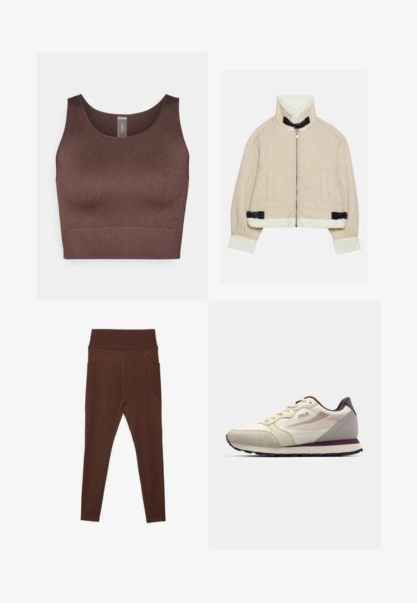 Paprasta kreminė striukė, papuošta minkštu baltu pūkuotu apykakle ir rankogaliais, su priekiniu užtrauktuku ir juodais sagtelių akcentais. Apatinėse pusėse yra dvi kišenės.; Ruda raštuota trumpa palaidinė su apvaliu kaklu ir plačiomis petnešėlėmis. Pagaminta iš elastingos medžiagos, turi besiūlį dizainą ir lygų paviršių.; Rudos leggingai, pagaminti iš tamprios medžiagos, su pregimu aukštu juosmeniu ir šoninėmis kišenėmis. Ypatumai - plokščios siūlės, užtikrinančios papildomą patvarumą.; Kremo ir šviesiai pilki sportbačiai su tekstūruotu paviršiumi, turintys rožinių ir burbulinių akcentų, su raištelių užsegimu ir juodu guminio pado.