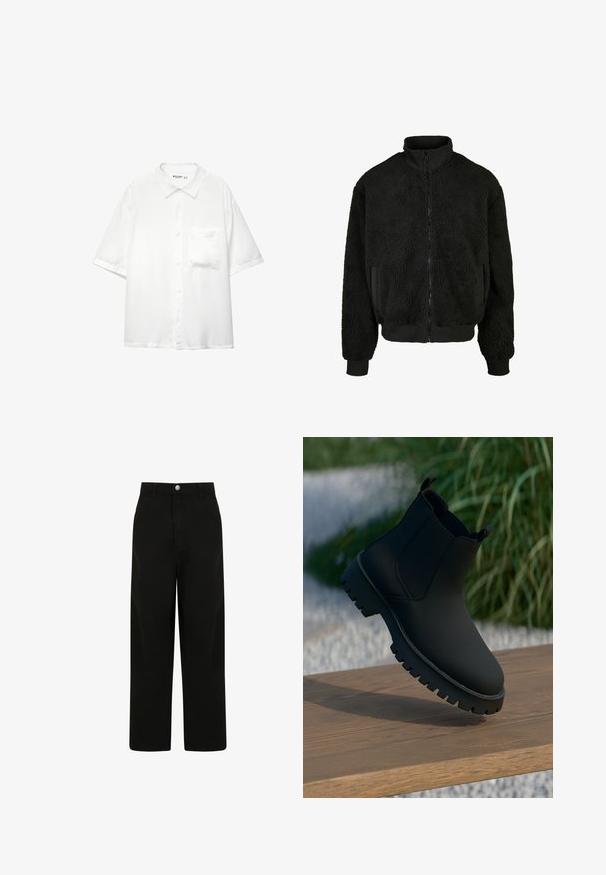 Giacca in pile nera con collo alto, chiusura con zip e materiale morbido e peloso. Presenta polsini a coste e tasche laterali.; Camicia bianca a maniche corte, realizzata in un tessuto liscio, con colletto e una singola tasca sul petto, dal design a vestibilità rilassata.; Pantaloni neri a gamba larga, realizzati in cotone. Presentano una chiusura frontale con bottone, due tasche laterali e un design dal fit rilassato.; Stivale alla caviglia nero con finitura liscia, pannelli laterali elastici e una suola spessa e robusta. Ambientato su uno sfondo naturale su una superficie di legno.