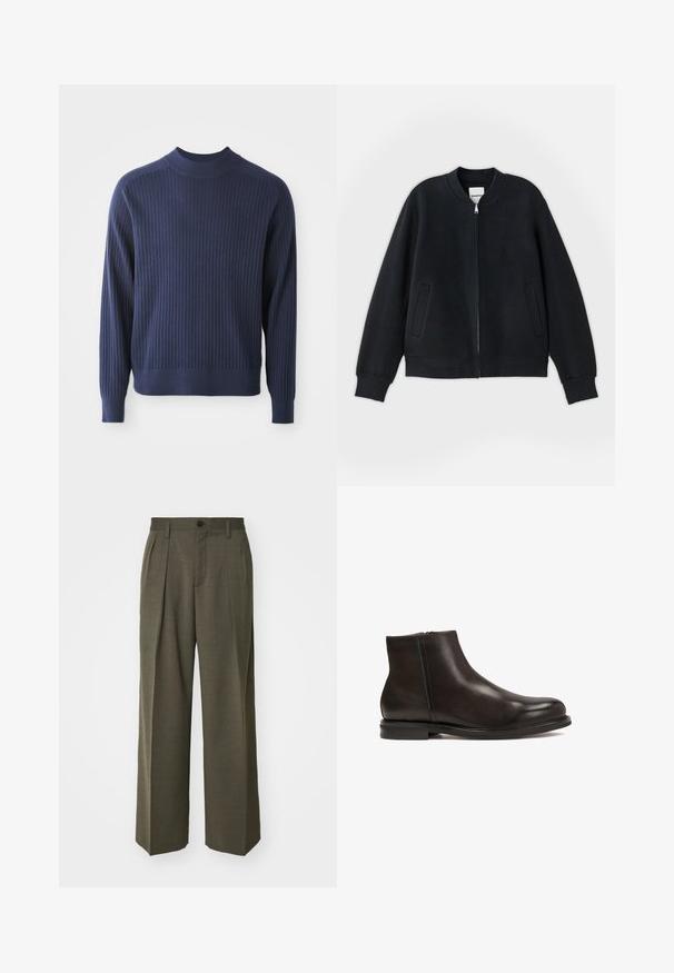 Czarna kurtka bombka wykonana z teksturowanej tkaniny, z zapięciem na zamek z przodu, ściągaczami przy mankietach oraz dwoma bocznymi kieszeniami. Prosty, minimalistyczny design.; Granatowy sweter ze ściągaczem o wysokim dekolcie, długimi rękawami i dopasowanym dołem; teksturowany materiał dodaje głębi.; Filippa K - Spodnie materiałowe; Czarne skórzane botki za kostkę o gładkiej fakturze, zaokrąglonym nosku i niskim obcasie. Posiadają boczny zamek błyskawiczny ułatwiający zakładanie.