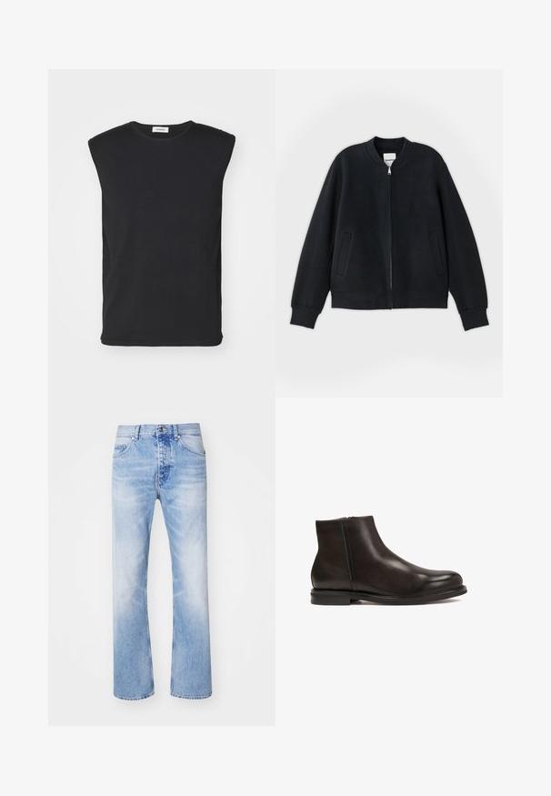 Czarna kurtka bombka wykonana z teksturowanej tkaniny, z zapięciem na zamek z przodu, ściągaczami przy mankietach oraz dwoma bocznymi kieszeniami. Prosty, minimalistyczny design.; sandro PABLO czarny; Jasnoniebieskie dżinsy o prostym kroju, z klasycznym pięcioma kieszeniami i subtelnym wyblakłym wzorem.; Czarne skórzane botki za kostkę o gładkiej fakturze, zaokrąglonym nosku i niskim obcasie. Posiadają boczny zamek błyskawiczny ułatwiający zakładanie.