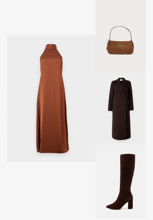 Samsøe Samsøe Classic coat - mole; Sleeveless, floor-length satin dress in burnt orange with a high cowl neck and a smooth, flowing silhouette.; Brown suede knee-high boot with a pointed toe and a chunky square heel. Smooth texture with a fitted shaft and no visible fastenings.; Brown suede handbag with a short strap. Features a silver logo, star accent, and smooth texture. Compact rectangular shape.
