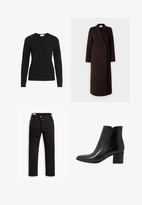 Samsøe Samsøe Klasický kabát - mole; Černý svetr s V-výstřihem vyrobený z měkké tkaniny, s dlouhými rukávy, žebrovaným lemem a manžetami, se jednoduchým a klasickým designem.; Černé rovné džínsy s knoflíkovým zapínáním, předními a zadními kapsami a měděnými nýty na bílém pozadí.; Anna Field LEATHER - Kotníkové boty - black