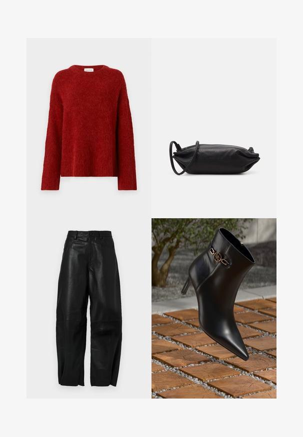 Samsøe Samsøe Klassischer Mantel - mole; Roter, flauschiger Pullover mit Rundhalsausschnitt, langen Ärmeln und lockerer Passform. Hergestellt aus weichem, strukturiertem Material. Etikett liest "MALINA."; Schwarze Lederhose mit lockerer Passform, geradem Bein, Fronttaschen und sichtbaren Nähten.; Schwarze Leder-Ankle-Boots mit spitzem Zehen und kleinem Absatz. Mit einem goldenen Kettenakzent am Knöchel. Umgeben von einer strukturierten Steoberfläche.; Schwarze Leder-Clutch mit rechteckiger Form, glatter Textur, dünnem Schulterriemen und minimalistischer Gestaltung.