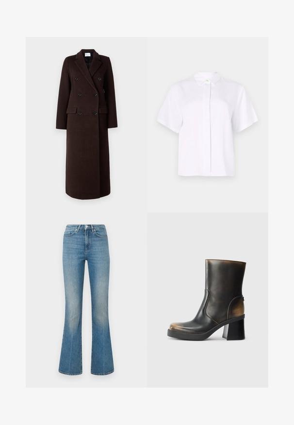 Samsøe Samsøe Klassisk kappa / rock - mole; Kortärmad vit skjorta i slät tyg, med spetsig krage och knappslå med en grön accentknapp.; Ljusblå utsvängda jeans gjorda av denim. Har en midjeband med en knapp och en blekt tvätt, som smalnar av till en bred fåll vid anklarna.; Svart läderankelboot med en blank yta, rund tå, kontrasterande tan-färger, blockklack och en sidodetalj med dragkedja.