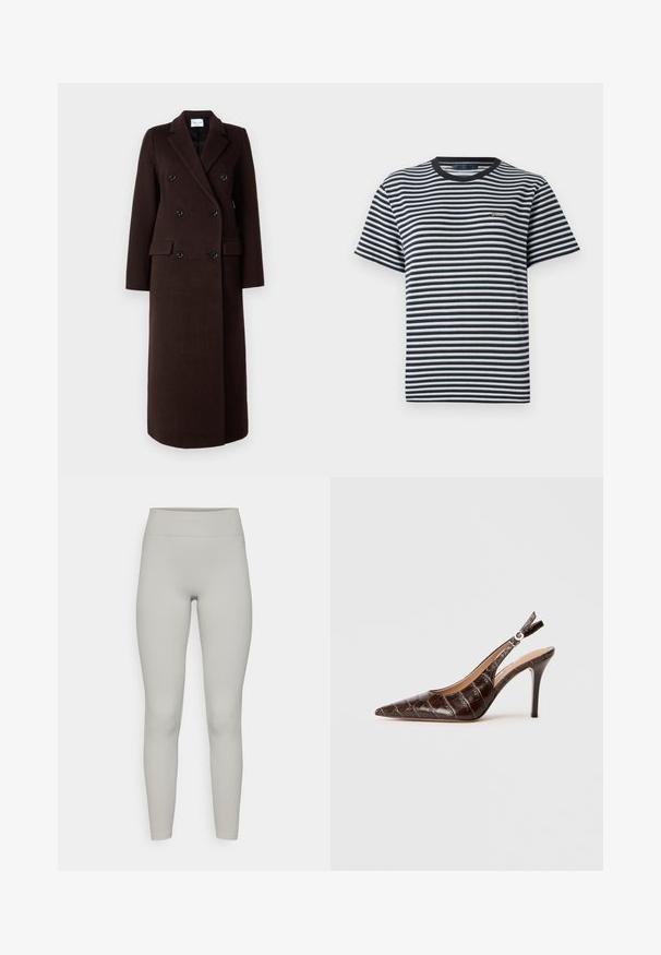 Samsøe Samsøe Klassisk kåpe / frakk - mole; Stripet t-skjorte med svart og hvit horisontale striper, rund hals og kort ermer. Laget av myk, lett stoff.; Ribbede leggins i lys grå farge med høyt liv, med en tettsittende design og glatt tekstur. Ingen synlige mønstre eller detaljer.; Brune, krokodilleskinn-embossed slingback pumpe med spiss tå, åpne sider og en tynn høy hæl. Designet med en spennejustering.