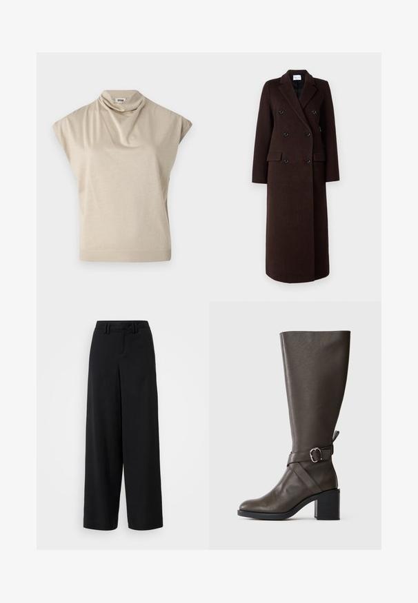 Samsøe Samsøe Palton clasic - mole; Top bej cu mânecă scurtă și guler drapat. Textură netedă, talie ajustată și tiv cu nervuri. Fabricat dintr-un material ușor și elastic.; Pantaloni negri cu picioare lărgi, confecționați dintr-un material neted, cu un design frontal plat, detalii pliate și bucle pentru curea la talie.; Cizma din piele de culoare maro închis, până la genunchi, cu un toc bloc de dimensiune medie și o curea decorativă cu cataramă din argint în jurul gleznei.