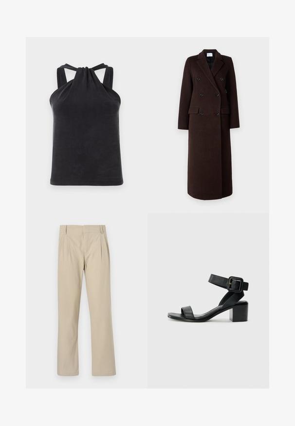 Samsøe Samsøe Klasický kabát - mole; Černý halter top vyrobený z hladké látky, který má detail uzlu na límci a široké ramínka spojující se s zadní částí.; Béžové kalhoty s širokými nohavicemi vyrobené z bavlněné směsi; mají sklady vpředu, rovný střih a poutka na opasek. Hladká textura, žádné vzory.; Černá kožená sandál s podpatkem, nastavitelným páskem kolem kotníku, otevřenou špičkou a čtveratým blokovým podpatkem. Hladká textura, minimalistický styl.