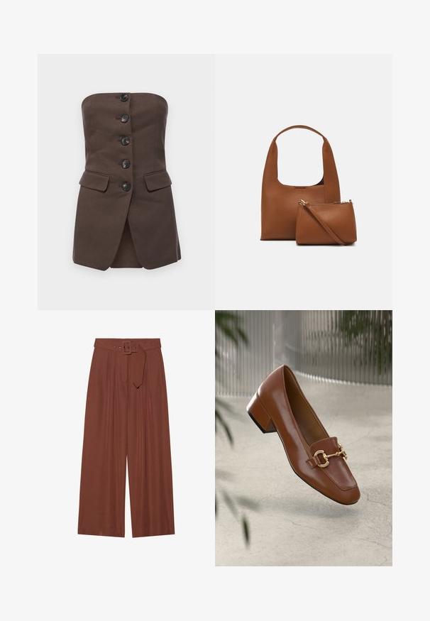 Samsøe Samsøe Klasický kabát - mole; Malina LEX TAILORED BUSTIER - Top - chocolate; Široké kalhoty z hnědé tkaniny, které mají pás s čtvercovou sponou, sklady a hladkou texturu.; Hnědé lakované kožené mokasíny se čtveratou špičkou, kovovým řetízkovým akcentem a nízkým blokovým podpatkem; hladká textura, minimalistický design.; Hnědá syntetická kabelka s prohnutým uchem a hladkým povrchem. Obsahuje odpovídající malou taštičku se zipem. Minimalistický design.