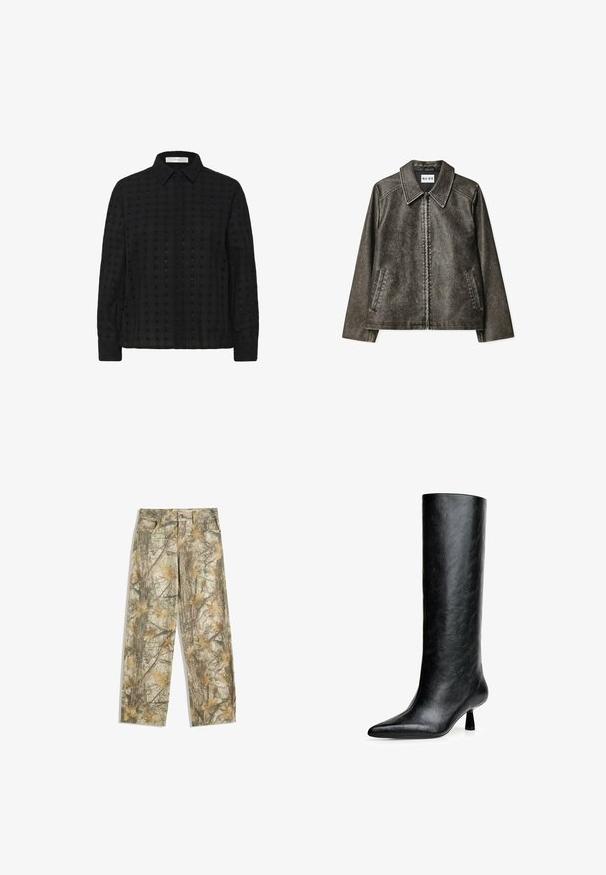 Hnedá umelá kožená bunda s veľkým golierom, zipsom, dvomi bočnými vreckami a kontrastným šitím.; Čierna košeľa na gombíky vyrobená z textúrovanej tkaniny s mriežkovým vzorom, so golierom a dlhými rukávmi, s jednofarebnými gombíkmi pozdĺž prednej strany.; Čierny dlhý rukáv top vyrobený z mäkkej, textúrovanej tkaniny. Má výstrih do oválu a priliehavý strih, bez viditeľných vzorov alebo akcentov.; Maskáčové nohavice s viaczvukovým zeleno-hnedým listovým vzorom, s klasickým dizajnom piatich vreciek a voľným strihom.; Čierne vysoké čižmy vyrobené z textúrovanej kože. Majú špicatú špičku a malý, rozšírený opätok. Elegantný, hladký design s minimálnymi akcentmi.