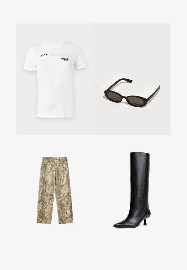 Brązowa kurtka z sztucznej skóry z dużym kołnierzem, zapięciem na suwak, dwoma bocznymi kieszeniami i kontrastującymi detalami w szwie.; Biała bawełniana koszulka z czarnym nadrukiem na piersi przedstawiającym abstrakcyjne oko oraz wyrazisty element tekstowy. Krótkie rękawy.; Spodnie w kamuflażu z wielotonowym zielonym i brązowym liściastym wzorem, z klasycznym pięciokomorowym krojem i luźnym fasonem.; Czarne, wysokie botki do kolan wykonane z fakturowanej skóry. Mają spiczasty nosek i mały, rozszerzający się obcas. Elegancki, gładki design z minimalnymi akcentami.; Czarne okulary przeciwsłoneczne z oválnymi, półramkowymi soczewkami. Błyszczące oprawki i eleganckie zauszniki. Ciemne soczewki z minimalnymi detalami w hardware.; Żółta pikowana kurtka z wysokim kołnierzem i przednią kieszenią, połączona z czarną torbą na ramię z złotymi akcentami. Luźne dżinsowe spodnie.