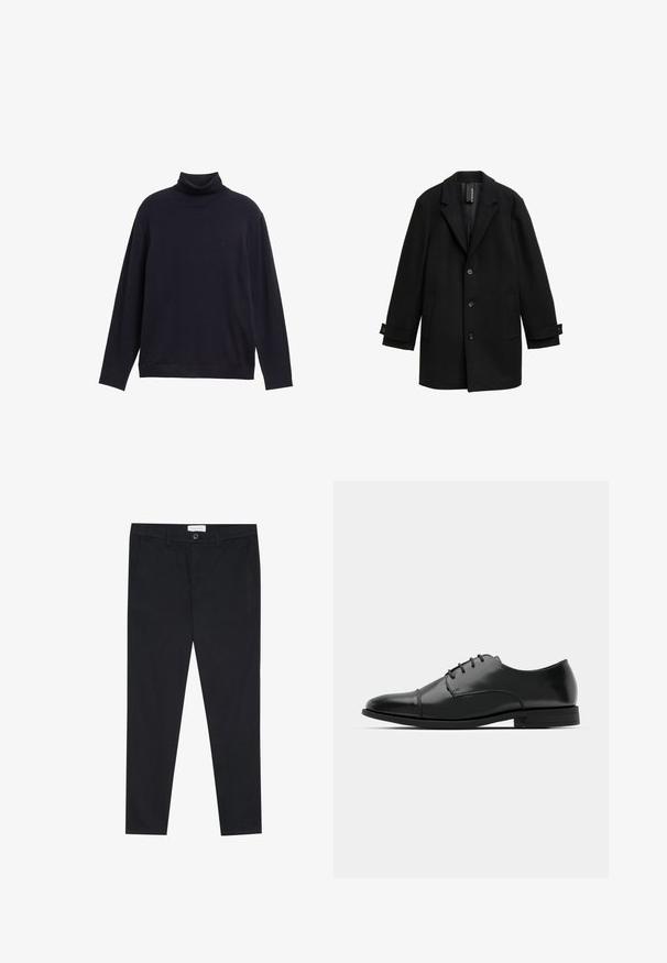 Černý kabát z vlněné směsi s klopami, jednoradovým designem, třemi předními knoflíky, dvěma bočními kapsami a nastavitelnými manžetami.; Námořnický rolák vyrobený z hladkého pleteného materiálu, s dlouhými rukávy a volným střihem. Malé logo na hrudi.; Černé kalhoty se střihovým designem rovného nohavice, vyrobené z bavlněné tkaniny. Obsahují dvě přední kapsy a zapínání na knoflík v pase.; Černé kožené společenské boty s kulatou špičkou, šněrováním, jemnými švy a nízkým podpatkem. Hladký povrch s lesklým finišem.