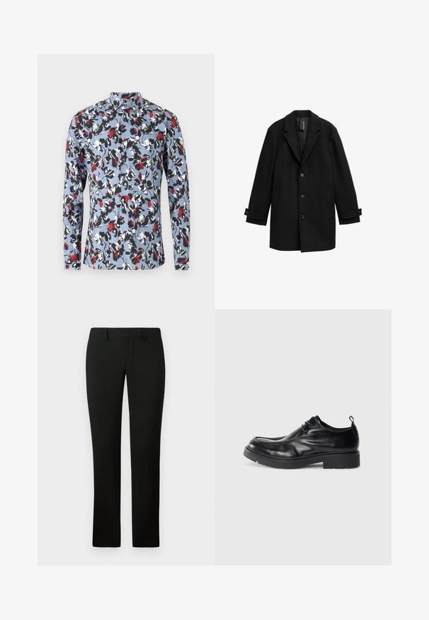 Zwart wollen blend jas met getailleerde revers, enkelknopen ontwerp, drie knopen aan de voorkant, twee zijzakken en verstelbare manchetten.; Lange mouw blouse in lichtblauw met een bloemenpatroon in rood, zwart en wit. Heeft een kraag en een knoopsluiting aan de voorkant.; Zwarte broek met een getailleerde pasvorm, met een gladde textuur en een rechte pijpdesign. De tailleband heeft riemlussen en een nette afwerking.; Zwarte leren dresscode met ronde neus, vetersluiting aan de voorkant en een decoratieve naad. Beschikt over een dikke, gestructureerde rubberen zool en een hieltab.