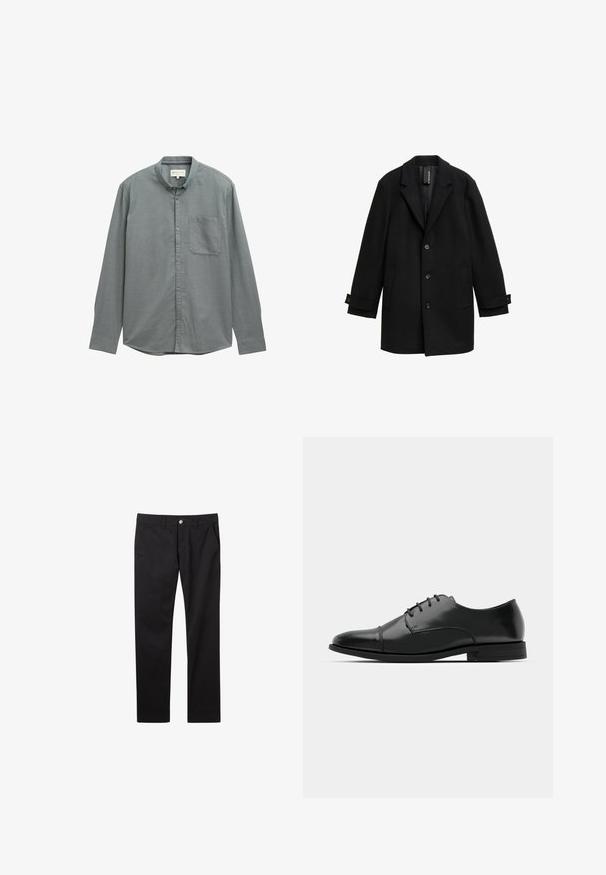 Sort uldblandet frakke med klapkrave, ensartet design, tre frontknapper, to sidelommer og justerbare manchetter.; Lys grå skjorte med spread krave, lange ærmer og en enkelt brystlomme. Lavet af blødt, struktureret stof.; Sorte bomuldsbukser med lige skæring, frontlommer, enkelt knaplukning og en glat tekstur.; Sort læder dress-sko med rund tå, snørebåndsdesign, diskrete syninger og lav hæl. Glat tekstur med poleret finish.