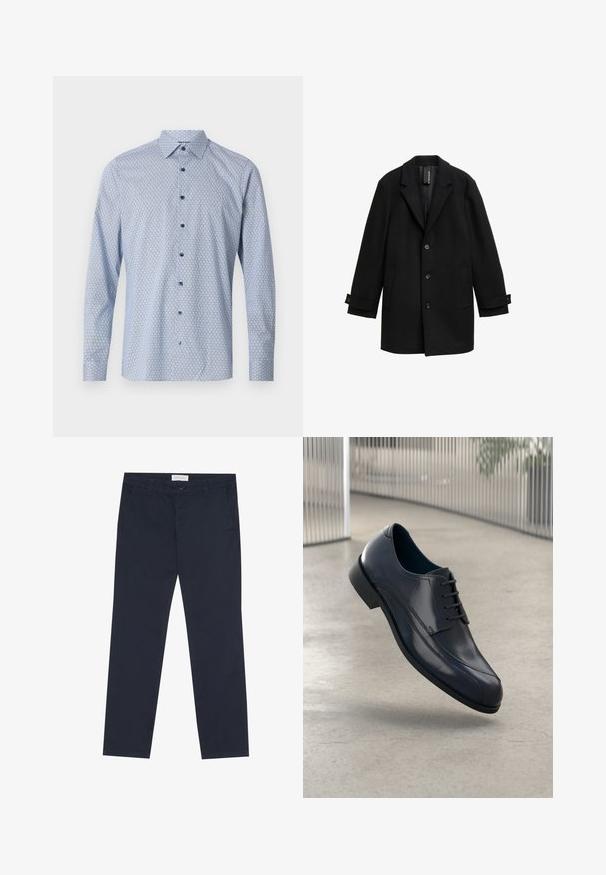 Schwarzer Wollmischungs-Mantel mit Reverskragen, einreihigem Design, drei vorderen Knöpfen, zwei seitlichen Taschen und verstellbaren Manschetten.; Helles blaues Langarmhemd mit geometrischem Muster, Button-Down-Kragen und kontrastierenden blauen Knöpfen auf einem strukturierten Stoff.; Marineblaue Chinos aus Baumwolle mit glatter Textur, ausgestattet mit einem Reißverschluss, Gürtelschlaufen und seitlichen Taschen für Funktionalität.; Glänzender schwarzer Leder-Dressschuh mit Schnürsenkeln, schwebend über einem glatten, hellgrauen Boden und vertikalen Metallstäben im Hintergrund.