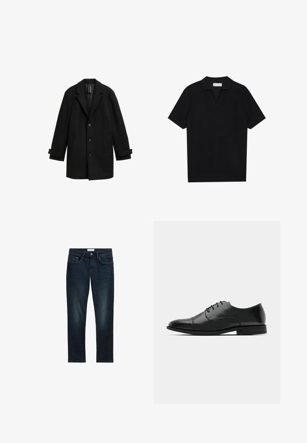 Palton din amestec de lână neagră, cu revere decupate, design cu un singur rând de nasturi, trei nasturi frontali, două buzunare laterale și mansete ajustabile.; Tricou polo negru cu mânecă scurtă, dintr-un material texturat, cu un decolteu în formă de V și un tiv drept. Fără logo-uri sau modele vizibile.; Blugi din denim de culoare albastru închis, cu o croială slim, având cinci buzunare, închidere cu nasture și o ușoară decolorare pe față pentru textură.; Pantofii negri din piele, cu vârful rotunjit, design cu șireturi, detalii de cusătură subtile și toc joasă. Textura netedă cu un finisaj lustruit.