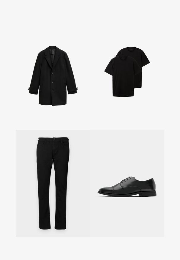 Must tumest villane mantel, mille on lõikega kaeluse, ühekordne nööpimine, kolm esimest nööpi, kaks külgtaskut ja reguleeritavad mansetid.; Mustad mustadest puuvillast T-särgid, ümmarguse kaelusega, lühikeste varrukatega, mugava lõikega, millel on väike logo alumisel vasakul küljel, müüakse kahekaupa.; Mustadest denimpükstest, millel on kitsas lõige, ees taskud, vööaasad ja nööbisuletus. Sile tekstuur ja ühtlane värv.; Must must esine tugeva varbaga, luku kinnitusega, peente õmblustete detailidega ja madala kontsaga. Sile tekstuur ja poleeritud viimistlus.