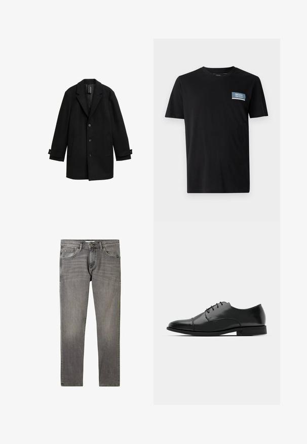 Čierny kabát z vlnenej zmesi s klopovými goliermi, jednoradovým zapínaním, tromi prednými gombíkmi, dvoma bočnými vreckami a nastaviteľnými manžetami.; Čierne tričko s krátkym rukávom vyrobené z mäkkej látky, s modrým obdĺžnikovým nášivkom s textom "DENIM TOM TAILOR" na ľavej hrudi.; Sivé denimové džínsy s klasickým strihom priamej nohy, minimálnym vyblednutím, prednými vreckami a kovovým zapínaním v páse.; Čierne kožené spoločenské topánky s okrúhlou špičkou, šnurovací dizajn, jemné prešívanie a nízky podpätok. Hladká štruktúra s lesklým povrchom.