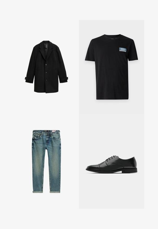 Črn plašč iz volnene mešanice z izrezanimi reverji, enojno zapenjanje, tremi sprednjimi gumbi, dvema stranskima žepoma in nastavljivimi manšetami.; Črna majica s kratkimi rokavi, izdelana iz mehkega blaga, z modrim pravokotnim križem z napisom "DENIM TOM TAILOR" na levi strani prsnega koša.; Svijetlo plave traperice s ravnim nogavicama, koje imaju izblijedjeli zid, podvrnute manšete, dva prednja džepa i mali stražnji džep.; Črne usnjene moške čevlje z zaobljenim nosom, s sistemom vezalk, diskretnimi šivi in nizkih petah. Gladka tekstura s sijočim zaključkom.