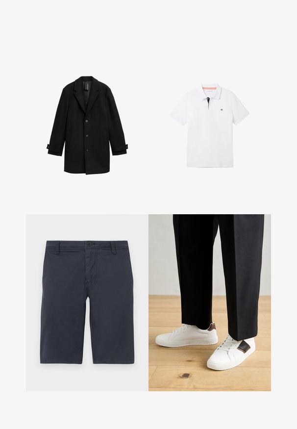 Must tumest villane mantel, mille on lõikega kaeluse, ühekordne nööpimine, kolm esimest nööpi, kaks külgtaskut ja reguleeritavad mansetid.; Valge polosärk musta kaelusega, millel on oranž ääreline, lühikesed varrukad ja väike logo rinnal. Valmistatud hingavast puuvillasegistusest.; Tumed värvi lühikesed püksid, mis on valmistatud tekstuuriga kangast, ees nupuga kinnituse, vöökohaga ja tavaliste küljetaskutega.; Valged sneakersid siledat tekstuurist, millel on pruunad nahast detailid ja mustad aksessuaarid, millele on sobitatud mustad kohandatud püksid. Puitpõranda taust.