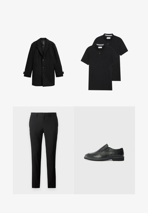 Czarny płaszcz z wełny z dodatkiem innych włókien, z wykrojem na klapach, jednorzędowy, z trzema guzikami z przodu, dwoma bocznymi kieszeniami i regulowanymi mankietami.; Dwie czarne koszulki polo z krótkim rękawem, wykonane z materiału bawełnianego, z klasycznym kołnierzykiem, z zapięciem na dwa guziki oraz białymi paskami wewnątrz kołnierza.; Dopasowane czarne spodnie z gładkiego materiału. Posiadają prostą nogawkę, fałdy z przodu oraz szlufki na pasek, co umożliwia regulację rozmiaru.; Czarne skórzane buty wsuwane z gładką cholewką, przeszyciami, okrągłym noskiem i niskim gumowym obcasem. Podeszwa ma minimalny bieżnik.