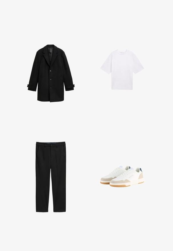 Fekete gyapjú keverék kabát, kiképzett hajtókákkal, egysoros fazonnal, három elülső gombbal, két oldalsó zsebbel és állítható mandzsettákkal.; Fehér, rövid ujjú pamut póló. Lazább fazon, kerek nyakkivágással. Simább textúra, látható minták vagy díszítések nélkül.; Fekete, egyenes szárú nadrág, texturált anyagból készült. Két elülső zsebbel és gombos derékzárral rendelkezik.; Fehér sportcipők texturált hálós felsőrésszel, bézs velúrbetéttel és párnázott talppal. Fűzős záródással és kék logós részlettel rendelkezik.