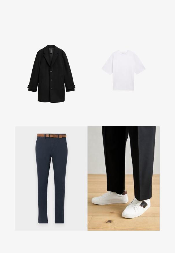 Černý kabát z vlněné směsi s klopami, jednoradovým designem, třemi předními knoflíky, dvěma bočními kapsami a nastavitelnými manžetami.; Bílý krátký rukáv tričko vyrobené z bavlny. Uvolněný střih s kulatým výstřihem. Hladká textura a žádné viditelné vzory či akcenty.; Tmavě modré chinos kalhoty vyrobené z bavlny s hladkou texturou. Obsahují hnědý semišový pásek s přezkou a mají rovný střih nohavic.; Bílé tenisky s hladkým povrchem, s hnědými koženými akcenty a černými detaily, kombinované s černými kalhotami na míru. Pozadí tvoří dřevěná podlaha.