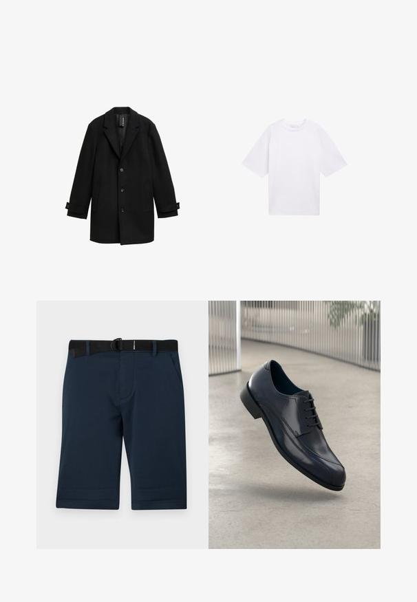 Manteau noir en mélange de laine avec revers en pointe, design à un seul bouton, trois boutons à l'avant, deux poches latérales et poignets ajustables.; T-shirt blanc à manches courtes en coton. Coupe décontractée avec un col rond. Texture lisse sans motifs ni accents visibles.; Shorts bleu marine en tissu texturé, présentant une ceinture noire ajustable, deux poches latérales et un ourlet droit.; Souliers habillés en cuir noir brillant avec des lacets, flottant au-dessus d'un sol lisse gris clair et de barres métalliques verticales en arrière-plan.