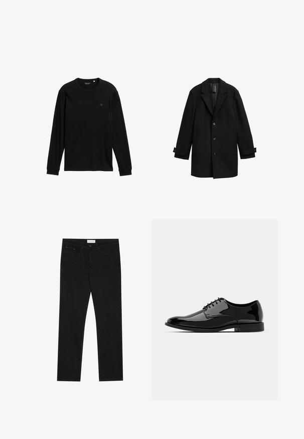 Schwarzer Wollmischungs-Mantel mit Reverskragen, einreihigem Design, drei vorderen Knöpfen, zwei seitlichen Taschen und verstellbaren Manschetten.; Schwarzes Langarm-T-Shirt aus weichem Stoff; verfügt über einen Rundhalsausschnitt, gerippte Bündchen und ein kleines Logo auf der Brust als Detail.; Schwarze gerade Jeans mit Fünf-Taschen-Design, Knopf- und Reißverschluss, und einem Pier One-Label am Bund.; Schwarze Lackleder-Schuh mit abgerundetem Zeh, Schnürdesign und glatter, glänzender Oberfläche. Verfügt über eine flache Gummisohle.