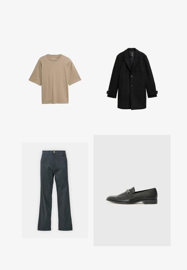 Črn plašč iz volnene mešanice z izrezanimi reverji, enojno zapenjanje, tremi sprednjimi gumbi, dvema stranskima žepoma in nastavljivimi manšetami.; Bež majica s kratkimi rokavi, sproščenega kroja, okroglim ovratnikom in gladko teksturo. Brez vidnih vzorcev ali dodatkov.; Črne hlače s ravnim krojem, izdelane iz mešanice bombaža. Imajo kovinsko zaponko in stranske žepe. Brez vidnih vzorcev.; Črni usnjeni loafer z gladko površino, ki ima šivano zasnovo in dekorativni kovinski verižni naglas preko vampirja. Ravno peto.