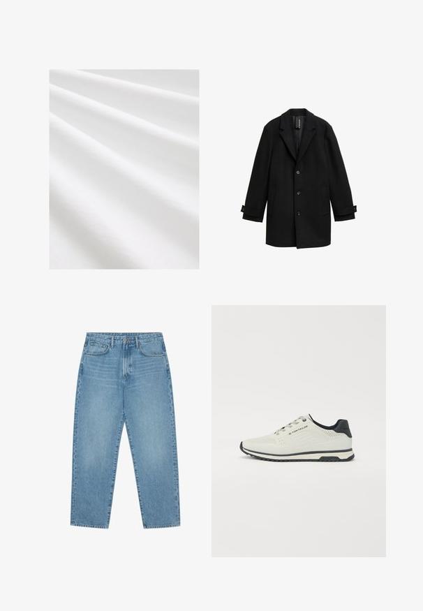 Sort uldblandet frakke med klapkrave, ensartet design, tre frontknapper, to sidelommer og justerbare manchetter.; Bomuldsstof, hvid farve, glat tekstur med subtile folder og krøller. Jævn overflade, let reflekterende, uden mønstre eller accenter.; Lys blå denim wide-leg jeans med høj talje, der har fem lommer, bæltestropper og en blød, let falmet tekstur.; Lys grå sportssko med perforeret design, sorte accenter, struktureret sål og snøresystem. Logo synligt på siden.