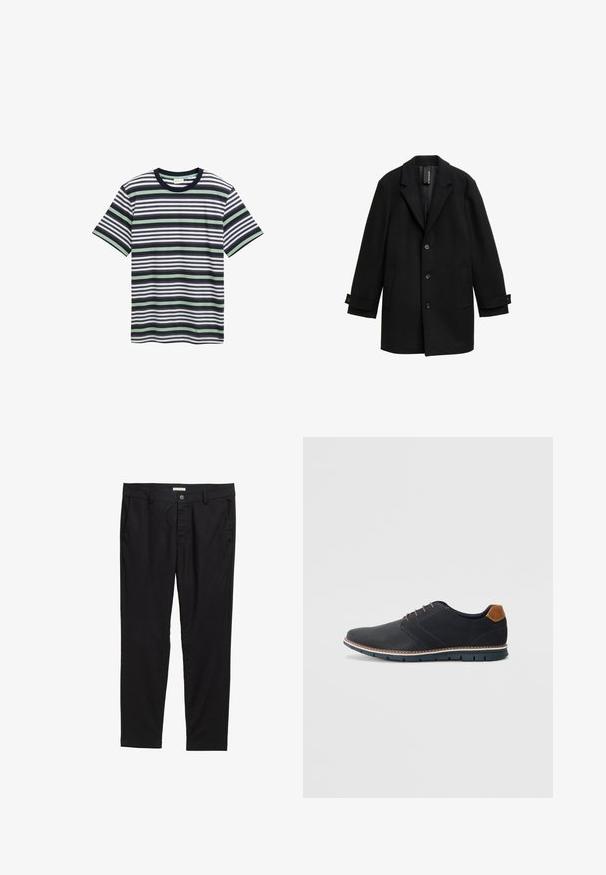 Mustassa villasekoitetakissa on rifflattua kaula-aukkoa, yksirivinen muotoilu, kolme etupainiketta, kaksi sivutaskua ja säädettävät hihansuut.; Raidallinen t-paita tummansinisen, valkoisen ja vihreän sävyissä. Ominaisuuksiin kuuluu pyöreä pääntie, lyhyet hihat ja vaihteleva vaakasuuntainen raidotus kankaassa.; Mustat housut, jotka on valmistettu sileästä kankaasta ja joissa on nappisuljenta, kaksi etutaskua ja räätälöity istuvuus.; Mustat synteettiset kengät, joissa on teksturoitu päällinen, sileät yksityiskohdat, ruskea kanta ja erottuva pohja. Ominaisuuksina minimaalinen nauhoitus ja ompeluyksityiskohdat.