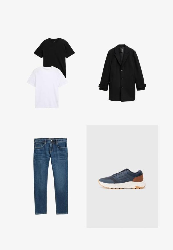 Cappotto in misto lana nero con rever a santo, design monopetto, tre bottoni frontali, due tasche laterali e polsini regolabili.; T-shirt a maniche corte in cotone nero e bianco, con design a girocollo e texture liscia. Entrate le magliette sono esposte sovrapposte.; Jeans in denim di colore blu scuro con taglio dritto, design a cinque tasche e cuciture visibili lungo le cuciture. Presentano una zip e un’etichetta con logo.; Scarpe da ginnastica blu navy con accentuazione del tacco marrone, tomaia in rete testurizzata, collo imbottito e suola in gomma bianca con battistrada a motivo.