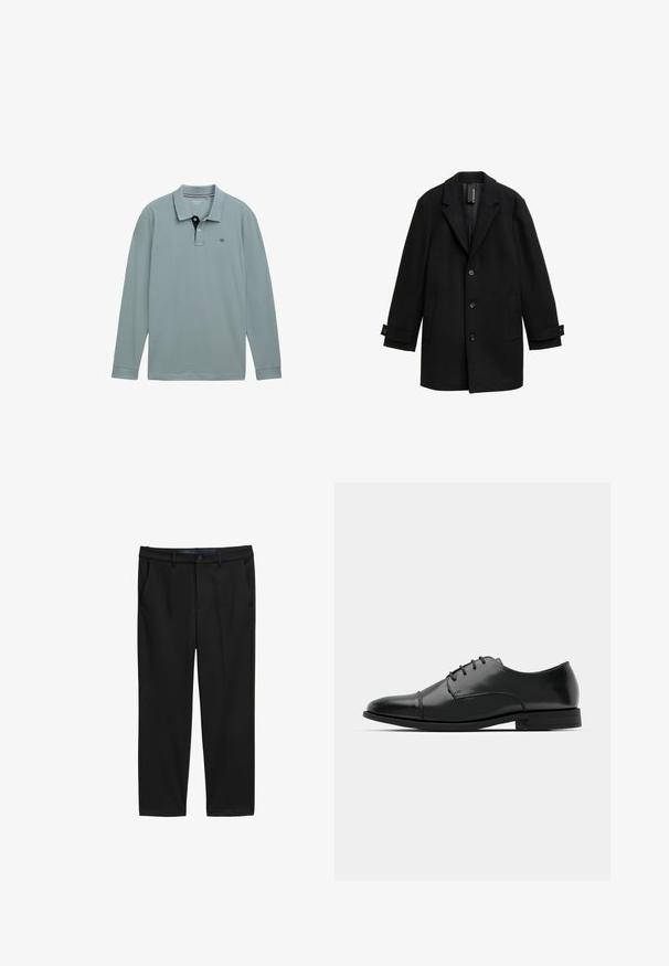 Schwarzer Wollmischungs-Mantel mit Reverskragen, einreihigem Design, drei vorderen Knöpfen, zwei seitlichen Taschen und verstellbaren Manschetten.; Langarm-Poloshirt in Hellblau mit kontrastierendem Marinekragen. Aus Baumwolle, mit kleinem Logo auf der linken Brust. Klassischer Schnitt.; Schwarze Hose mit geradem Schnitt aus strukturiertem Stoff. Besitzt zwei Fronttaschen und einen Knopfverschluss an der Taille.; Schwarzer Leder-Dieerschuh mit runder Zehenform, Schnürdesign, dezenten Nähdetails und niedrigem Absatz. Glatte Textur mit polierter Oberfläche.