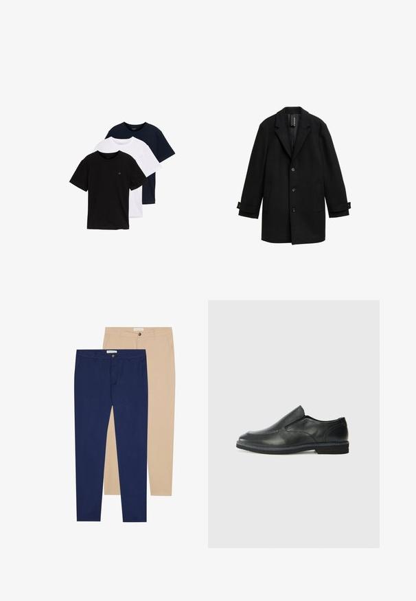 Črn plašč iz volnene mešanice z izrezanimi reverji, enojno zapenjanje, tremi sprednjimi gumbi, dvema stranskima žepoma in nastavljivimi manšetami.; Komplet treh majic s kratkimi rokavi v črni, beli in temno modri barvi. Narejene iz bombaža, z okroglo ovratnikom in majhnim logotipom na prsih.; Dva para hlač: ena mornarsko modra, ena bež. Obe imata ravno kroj, gumb za zapiranje in gladko teksturo blaga.; Črne usnjene natikače z gladkim zgornjim delom, prišitimi detajli, zaobljenim nosom in nizkim gumijastim petkom. Podplat ima minimalen profil.