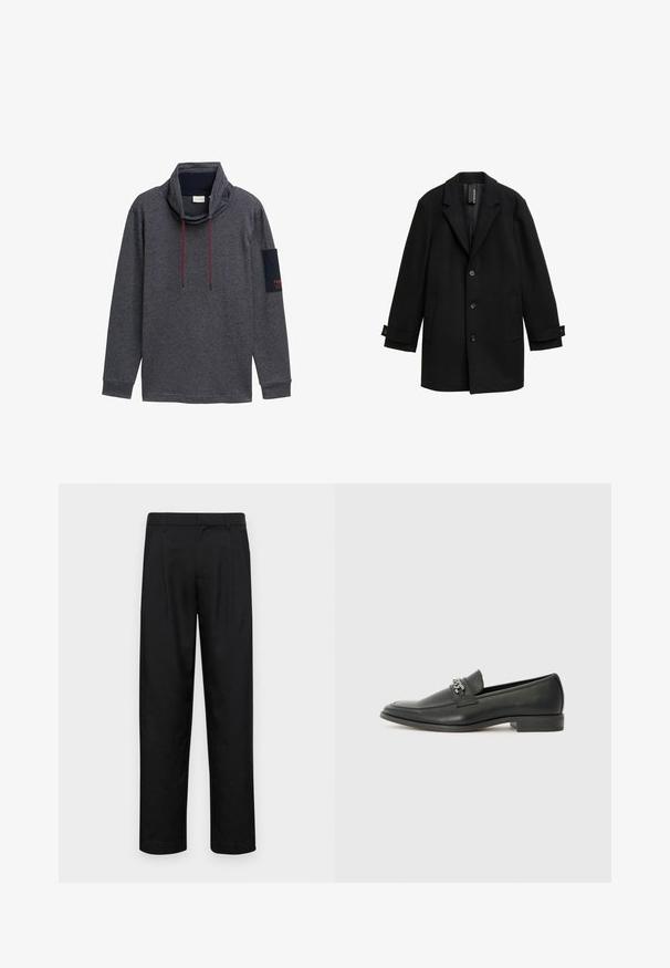 Fekete gyapjú keverék kabát, kiképzett hajtókákkal, egysoros fazonnal, három elülső gombbal, két oldalsó zsebbel és állítható mandzsettákkal.; Szürke, hosszú ujjú pulóver magas nyakkal, zsinórzárral, és a bal ujjon elhelyezett sötétkék folttal, amelyen piros felirat található. Puha, texturált anyagból készült.; Fekete nadrág sima anyagból, egyenes szárú fazonnal, két elülső redővel és közönséges derékkal, övhurkokkal.; Fekete bőr loaferek sima felülettel, varrott mintával és díszítő fém lánccal a cipő elején. Lapos sarok.