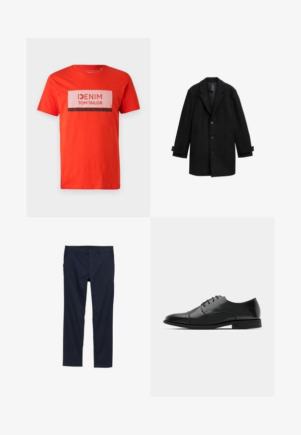 Abrigo de mezcla de lana negro con solapas muesca, diseño de un solo botón, tres botones frontales, dos bolsillos laterales y puños ajustables.; Camiseta de algodón roja con mangas cortas, que presenta un gráfico rectangular blanco con "DENIM TOM TAILOR" y "ESTABLECIDO DOS MIL SIETE" en texto negro.; Pantalones ligeros azul marino con una textura suave, diseño de pierna recta, cierre de botón y bolsillos laterales.; Zapato de vestir de cuero negro con punta redondeada, diseño con cordones, detalles de costura sutiles y un tacón bajo. Textura suave con acabado pulido.