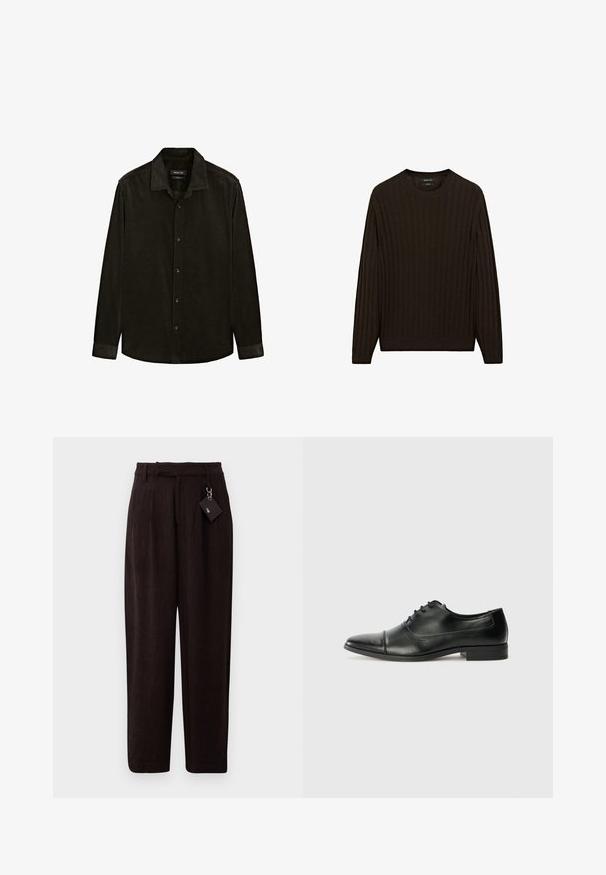 Black corduroy long-sleeve shirt with a pointed collar, front button closure, and tonal stitching. Textured fabric with ribbed pattern.; Brown ribbed sweater with long sleeves and a round neck. Features a textured fabric and a snug fit at the waist and cuffs.; Dark brown, textured trousers with a loose fit, featuring a belted waist and a tag attached via a metal loop. Flat front and straight legs.; Black leather dress shoe with a pointed toe, laces, and subtle stitching details. Features a low block heel and smooth glossy finish.