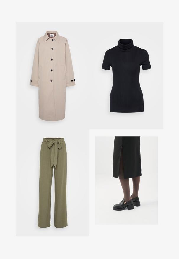 Bež trench plašč s ovratnikom, črnimi gumbi, dvema stranskima žepoma in zavihanimi rokavi. Narejen iz lahkega blaga z gladko teksturo.; Črna rebrasta majica s turtleneck ovratnikom, kratkimi rokavi, prilegnjenim dizajnom, mehkimi vlakni, minimalnimi šivi in visokim ovratnikom.; Olivno zelene hlače širokega kroja z pasom, izdelane iz teksturirane tkanine, z gladkim zaključkom in krojem, ki je prilagojen.; Črne usnjene čevlje s zaobljenim prstom, debelim blokastim petama in elastičnimi stranskimi detajli, v kombinaciji s temno nogavicami in črno krilo z razporkom.