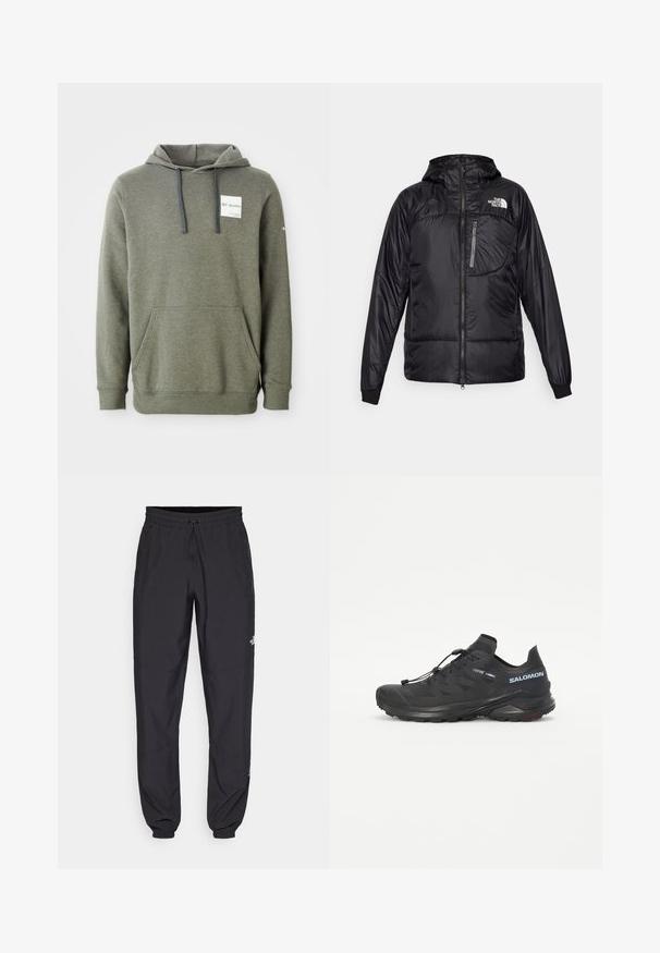 Casaco isolado preto com fecho à frente, capuz ajustável e punhos elásticos. Apresenta um bolso no peito com fecho e material liso e brilhante.; Moleton verde oliva com um bolso frontal, cordões ajustáveis e um patch de logotipo no peito; feito de um tecido macio e texturado.; Calças atléticas pretas feitas de tecido leve, com um cós ajustável por cordão, bolsos laterais e punhos afunilados nos tornozelos.; Sapatilha de trail running preta com um upper texturizado, atacadores elásticos e sola Contagrip. Apresenta um ajuste confortável e uma biqueira protetora.