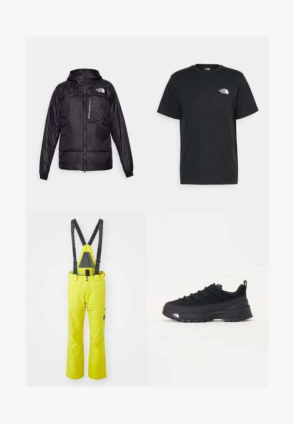 Black insulated jacket with a zip front, adjustable hood, and elastic cuffs. Features a zippered chest pocket, smooth, shiny material.; Black cotton t-shirt with short sleeves, crew neck, and a small white logo on the left chest. Simple design, smooth texture, and relaxed fit.; Spyder DARE PANTS - Ski pants - acid yellow; Black outdoor sneaker with a suede upper, textured rubber sole, and sturdy lacing system. Features a reinforced heel and brand logo on the side.