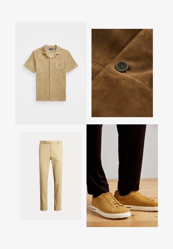 Pruun samet kangas, millel on voolujooneline disain ja tumedat tooni ümmargune nupp, mis on õmmeldud horisontaalsele joonisele, et täiustada tekstuuri ja detaile.; Lühikeste varrukatega nööpidega särk pehmest tan värvi kangast. Omab rinna taskut broderitud logoga, klassikalist krae ning ühtlaselt jaotatud nööpe.; Khaki chinos, mis valmistatud siledast puuvillakangast, omavad kätkiva disaini, ees pleate ning pahkluul soonikuga, mis lisab kitsendatud ilmet.; Kollaste ribadega spordijalatsid valgete taldadega, ümarate varvastega, lipsudega disain ja tekstureeritud pind, kantud mustade kääritud pükstega puidust põrandal.