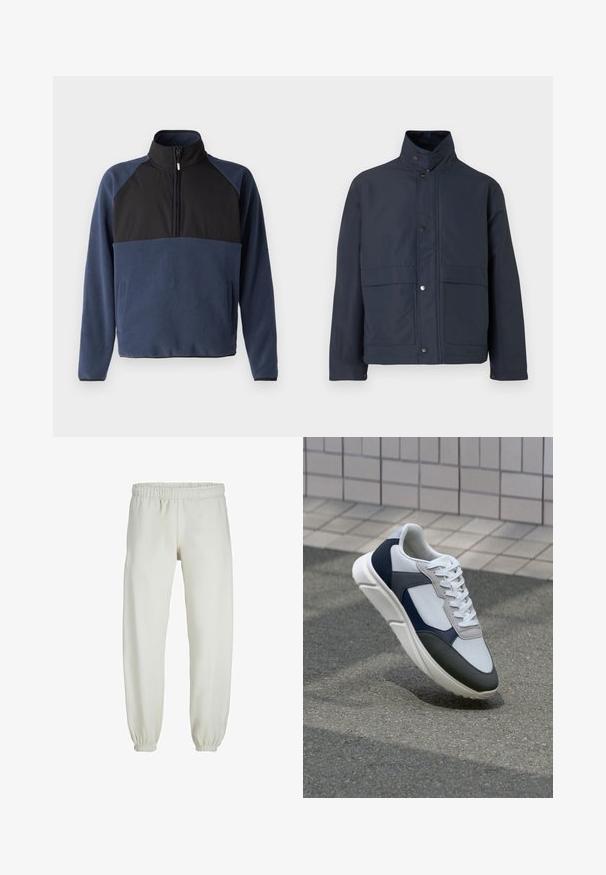 Mørkeblå vandtæt jakke med høj krave, trykknapper og to frontlommer. Lavet af holdbart stof med en glat tekstur.; Jack & Jones JCOPEAK HIGH NECK HALF ZIP - Fleecetrøjer - navy blazer; Hvide sweatpants lavet af blødt stof, med elastisk talje og håndled, der har en glat tekstur og løs pasform.; Hvide, marineblå og grå sneakers med et design i blandede materialer, der har en tekstureret overdel, flade snørebånd og en polstret sål.