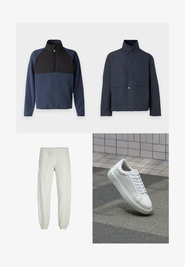 Marineblauwe waterdichte jas met een hoge kraag, drukknoopsluiting en twee voorzakken. Gemaakt van stevige stof met een gladde textuur.; Jack & Jones JCOPEAK HIGH NECK HALF ZIP - Fleece trui - navy blazer; Witte sweatpants gemaakt van zachte stof, met een elastische tailleband en boorden, een gladde textuur en een losvallend ontwerp.; Witte leren sneaker met een glad oppervlak, ronde neus en platte witte veters. Voorzien van een gestructureerde rubberen zool en minimale ontwerpelementen.