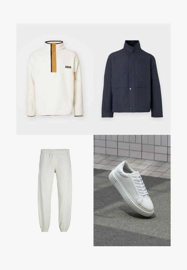 Tengerészkék vízálló dzseki magas gallérral, patent gombokkal és két elülső zsebbel. Tartós anyagból készült, sima textúrával.; Columbia HELVETIA HALF SNAP - Polárpulóver - chalk; Fehér melegítőnadrág, puha anyagból készült, rugalmas derékrésszel és mandzsettával, sima tapintású és laza szabású.; Fehér bőr sportcipő sima felülettel, kerek orral és lapos fehér fűzőkkel. Texturált gumitalppal és minimális dizájnelemekkel rendelkezik.