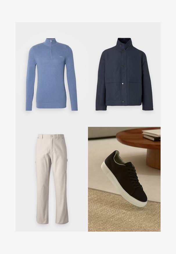 Marinblå vattentät jacka med hög krage, tryckknappar och två framfickor. Tillverkad av slitstark tyg med en slät textur.; GANT HALFZIP - Stickad tröja - denim blue melange; Beiga cargobyxor gjorda av robust bomull med raka ben, framknäppning och sidofickor för praktisk användning. Slät textur med subtil sömnad.; Svart sneakers med vit sula svävande över en beige texturerad matta nära ett runt träbord med staplade böcker.
